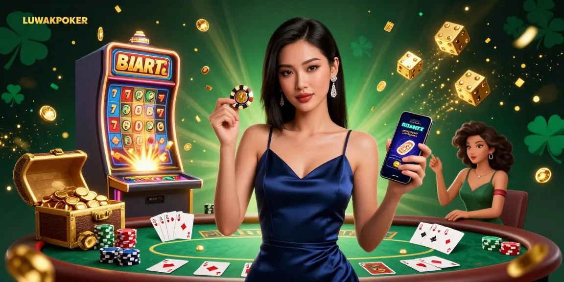 LUWAKPOKER showcases a stunning Asian woman holding a golden chip and smartphone in a dynamic casino scene.
