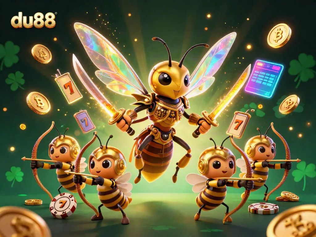 Engage in thrilling slots at du88, featuring a golden hornet samurai and bee archers amidst vibrant gambling elements.