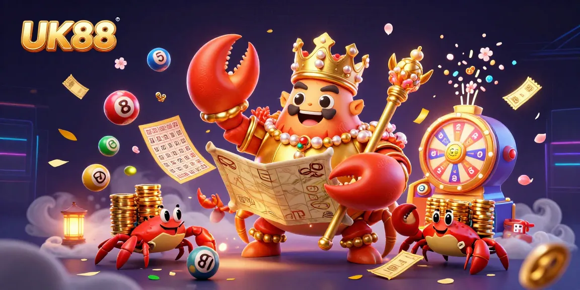 Engage with UK88's vibrant lottery-themed 3D illustration featuring a golden crab emperor and dynamic game elements.