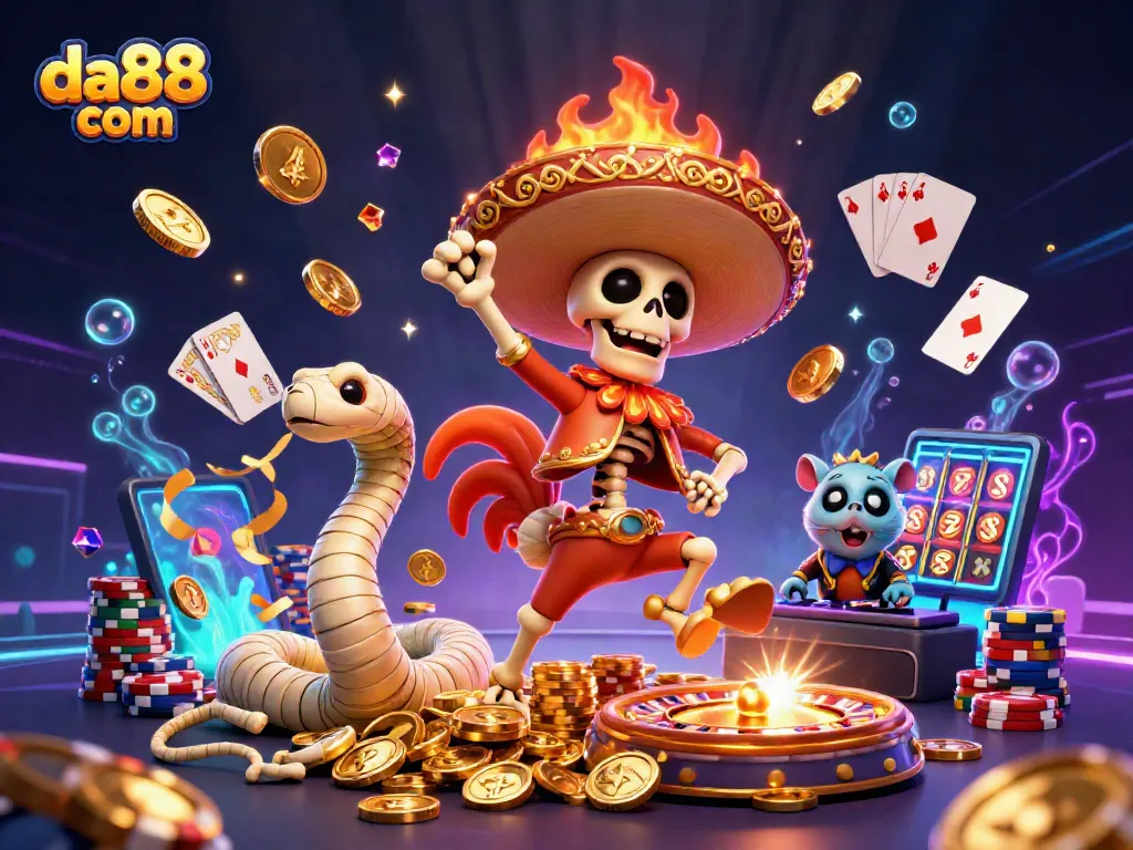 Engage with thrilling games at da88 com, featuring dynamic casino scenes with roaring wins and vibrant characters.