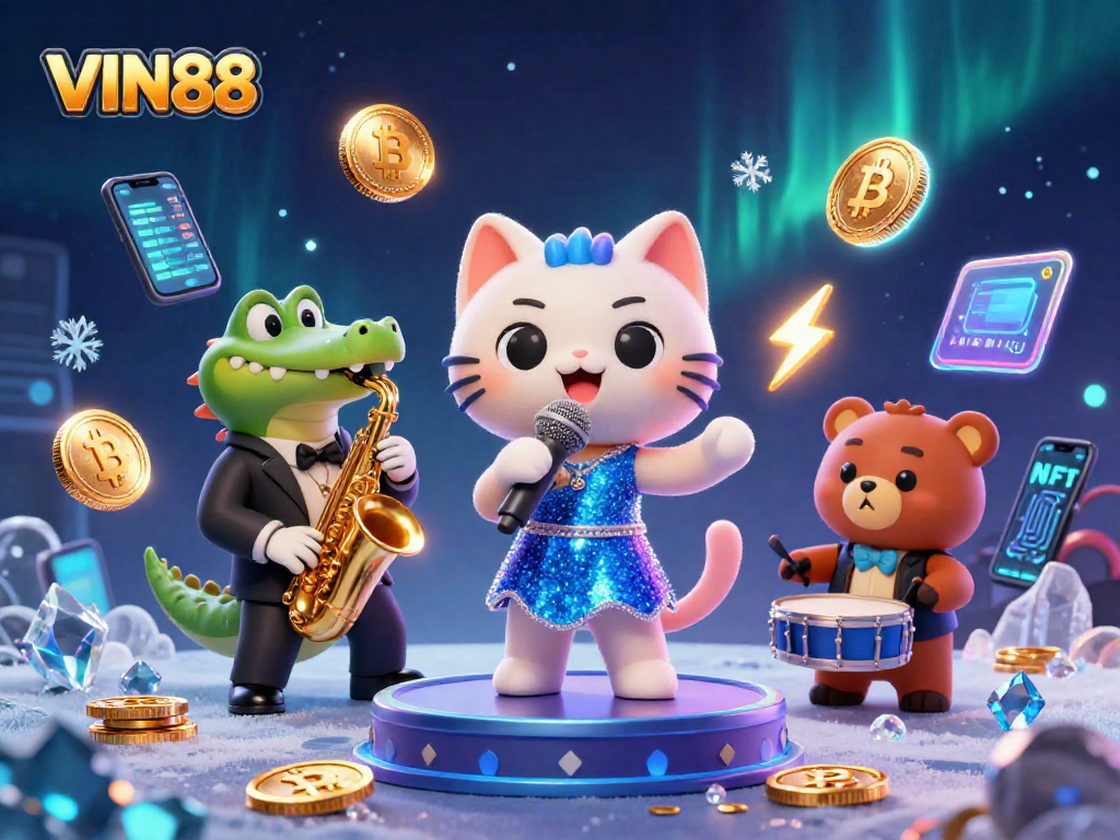 Experience thrilling gameplay with VIN88 at an exciting online casino stage featuring vibrant characters and crypto elements.