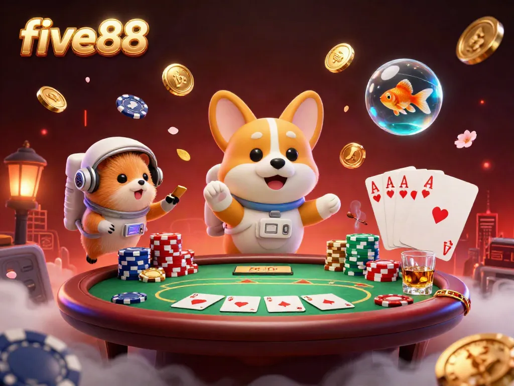 Immerse in five88's casino world as characters explore a vibrant space station filled with poker chips and coins.