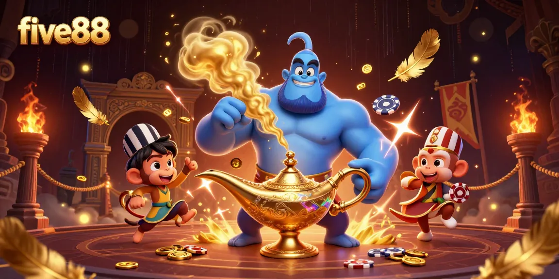Experience five88's vibrant gaming scene with a muscular genie and magic elements.