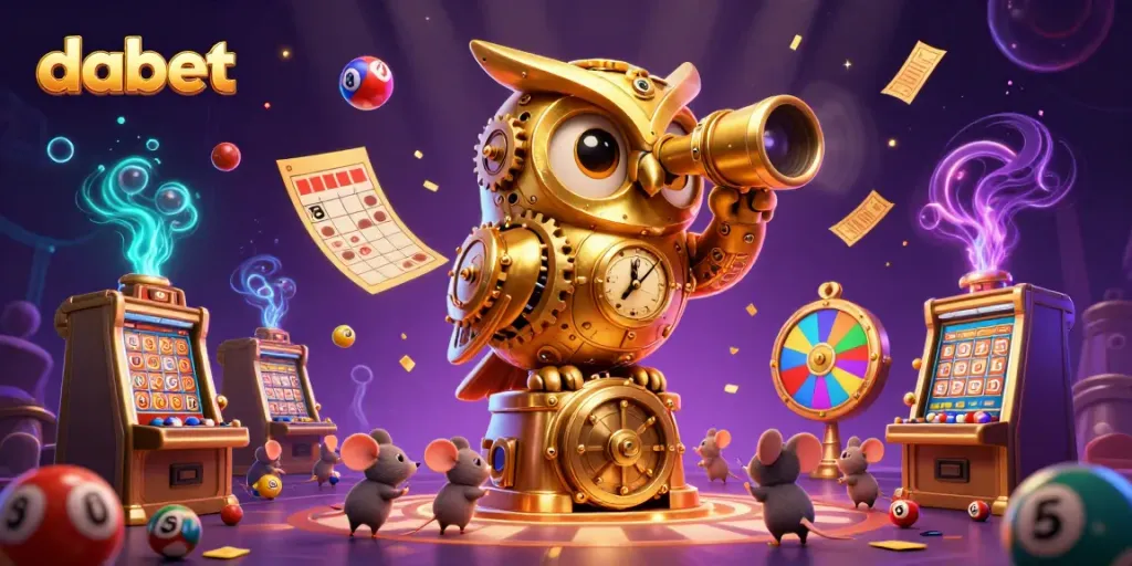 Dabet's vibrant casino scene showcases a whimsical golden owl and charming mouse patrons amidst lively lottery elements.