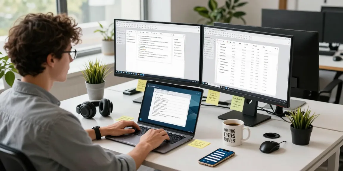 WPS Download in a modern workspace featuring a user engaged with WPS Office on dual monitors.