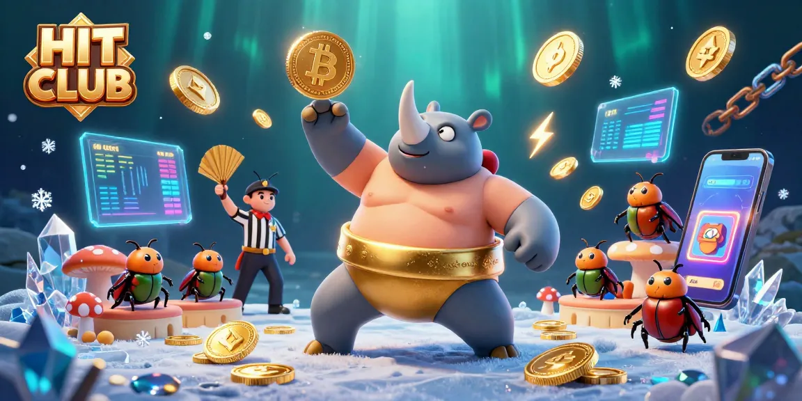 Experience the excitement of HIT CLUB as the sumo beetle triumphs, coins fly, and crypto elements illuminate the fun.