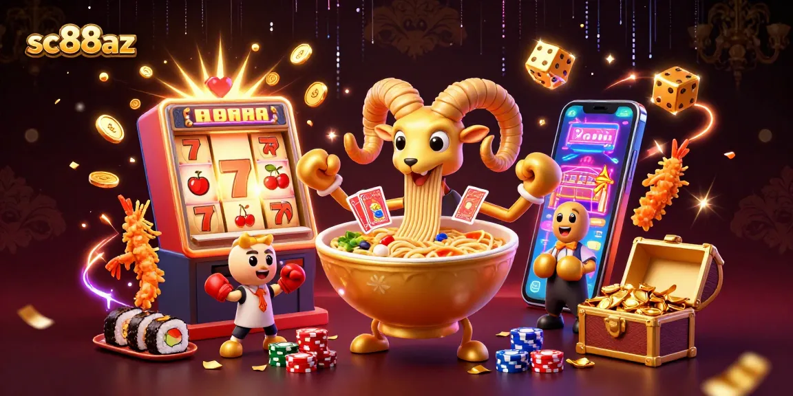 Engage with sc88az by experiencing vibrant casino action featuring a golden ramen bowl dealer, exciting slot machine, and lively game elements.