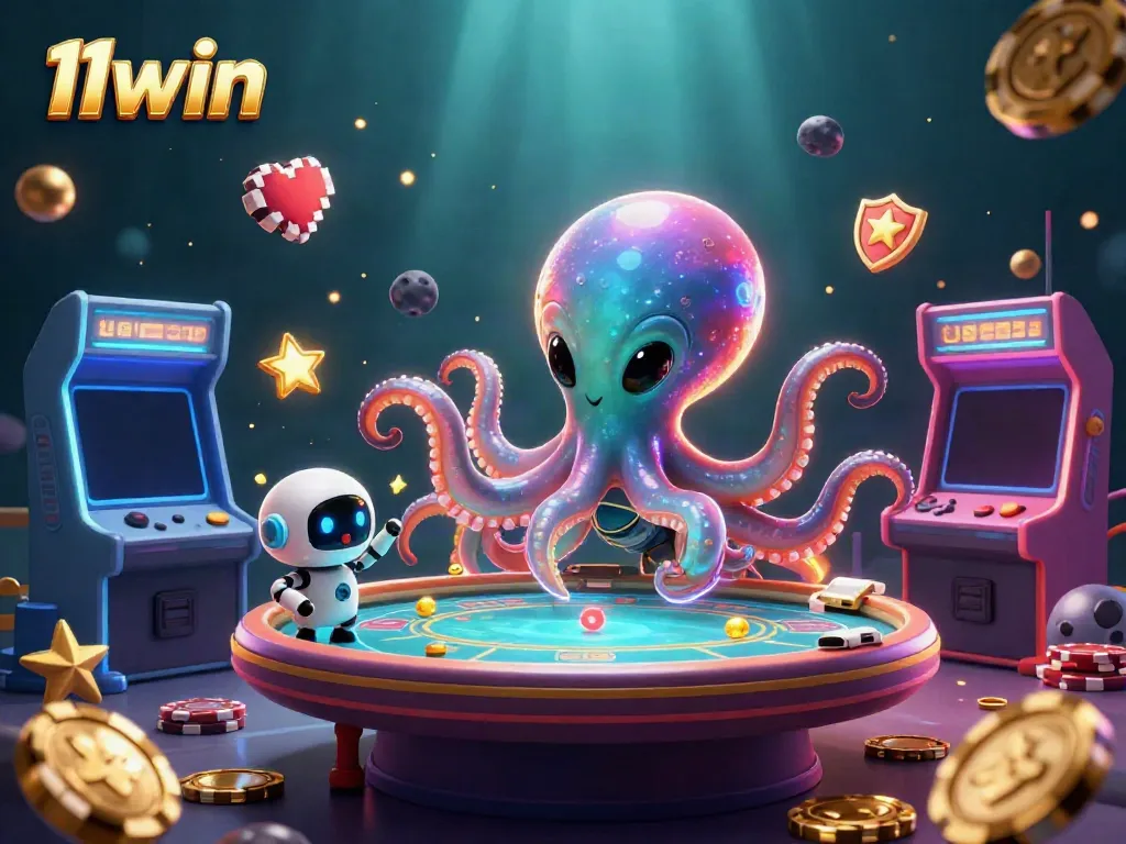 Experience the excitement of 11win with a floating poker table and alien characters in a vibrant online casino.