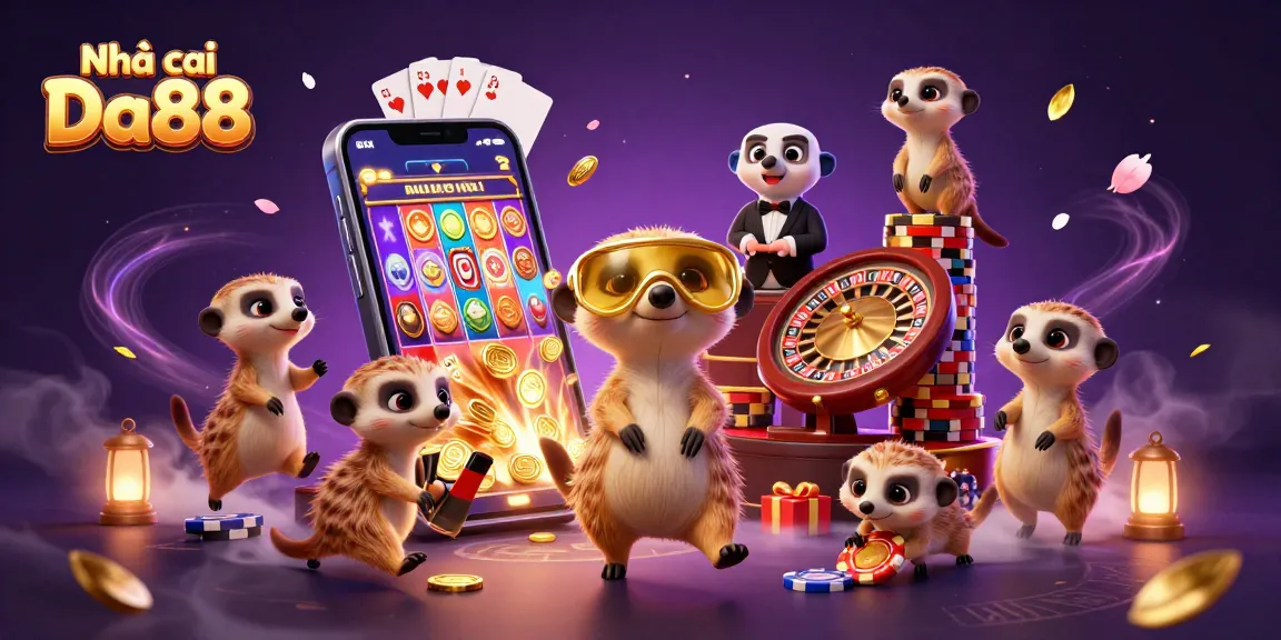 Engaging scene at Nhà cái Da88 casino with meerkat characters playing slots and winning gold coins.