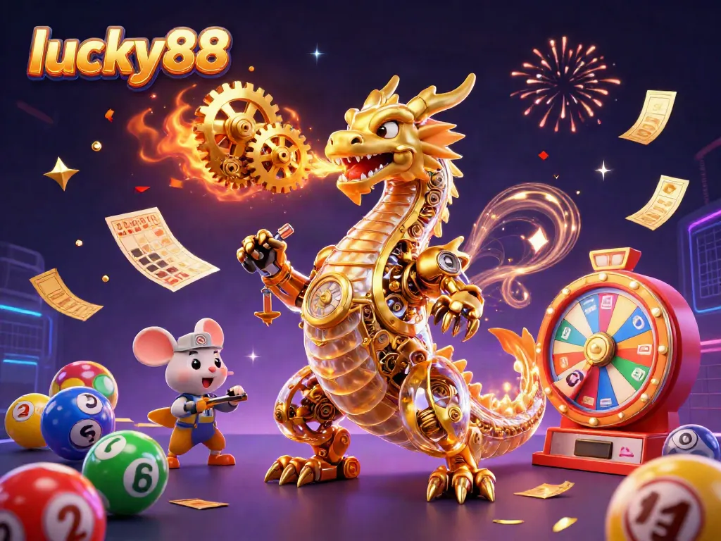 Experience the thrill of lucky88 with a dragon and engineer in a colorful lottery scene