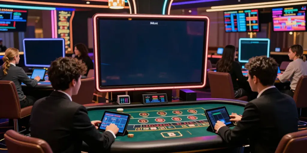 Engaged players enjoying a lively uk88 online casino experience with vibrant lighting and interactive technology.