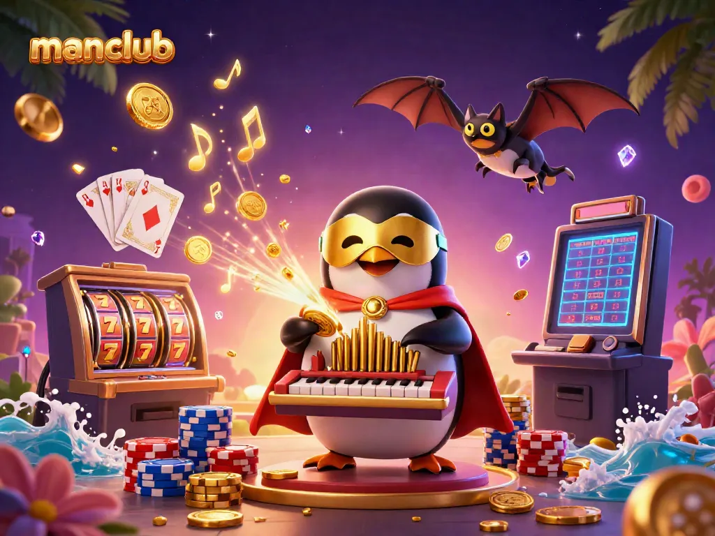 Engaging manclub casino scene with animated characters, golden coins, and vibrant slot machines.