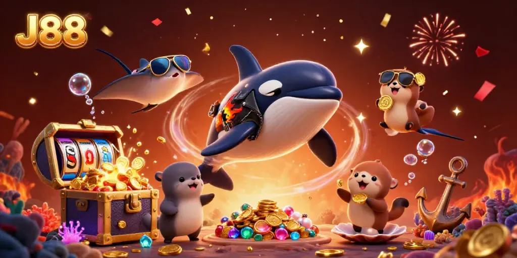 Experience the excitement of J88 with playful characters in an underwater casino adventure!