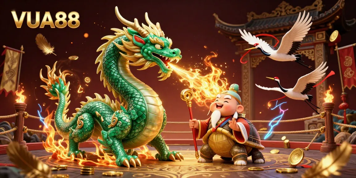 VUA88 players celebrate big wins with a dragon and turtle amidst a vibrant casino scene.