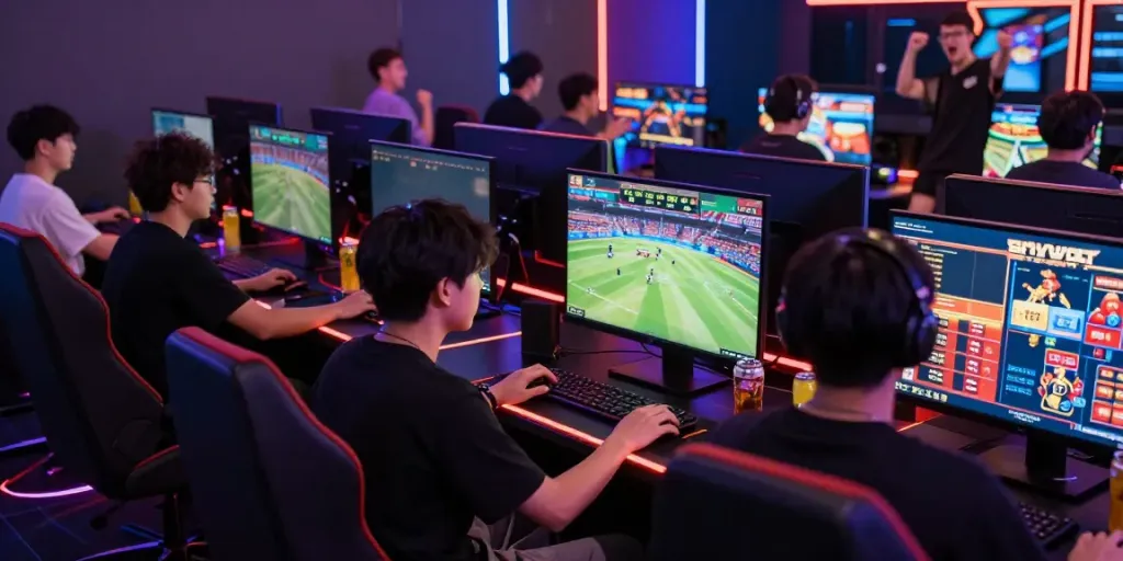 Dynamic gaming scene at SKY88, showcasing players engaged in sports betting and casino games.