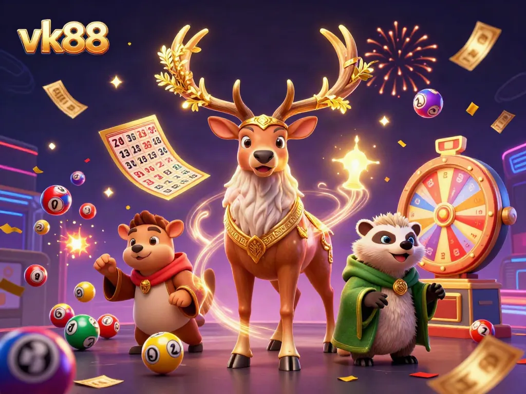 Engage in an immersive experience with vk88 as colorful lottery elements surround mystical characters in a casino setting.