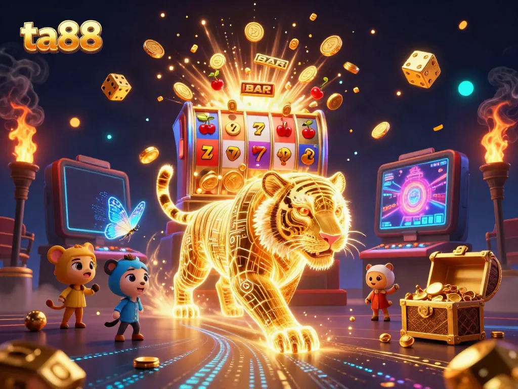 Engage with ta88's digital realm showcasing a golden tiger amidst riches in a captivating casino atmosphere.