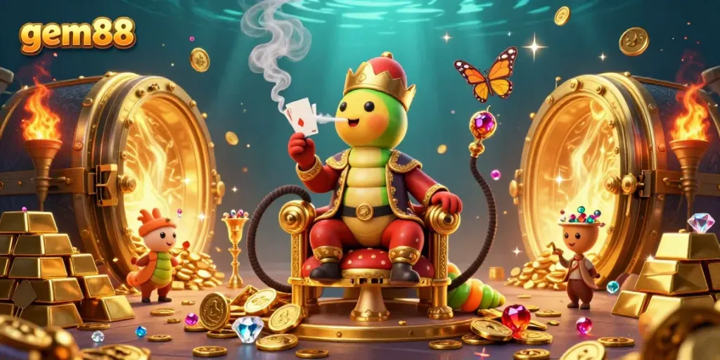 Experience the thrill of winning with gem88's vibrant gaming world filled with treasures, poker symbols, and excitement.
