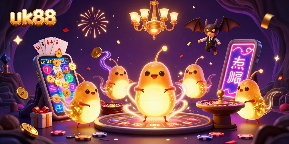 Engage with uk88's vibrant casino scene featuring glowworms amidst slot games and festive visuals.