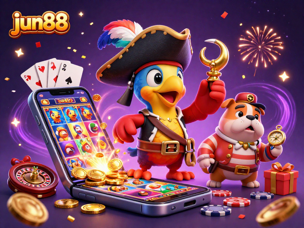 Experience the excitement of jun88 with a colorful 3D casino scene featuring playful characters and vibrant slot games.