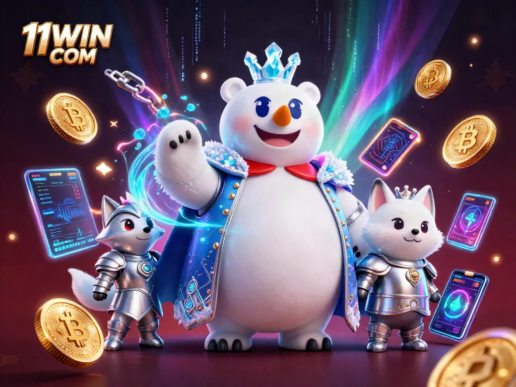 Engage in excitement with 11WIN COM as the ice king and snow fox play among crypto coins.