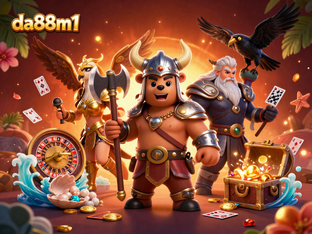 Engage in thrilling gameplay at da88m1 with a vibrant scene of unique casino characters and elements.