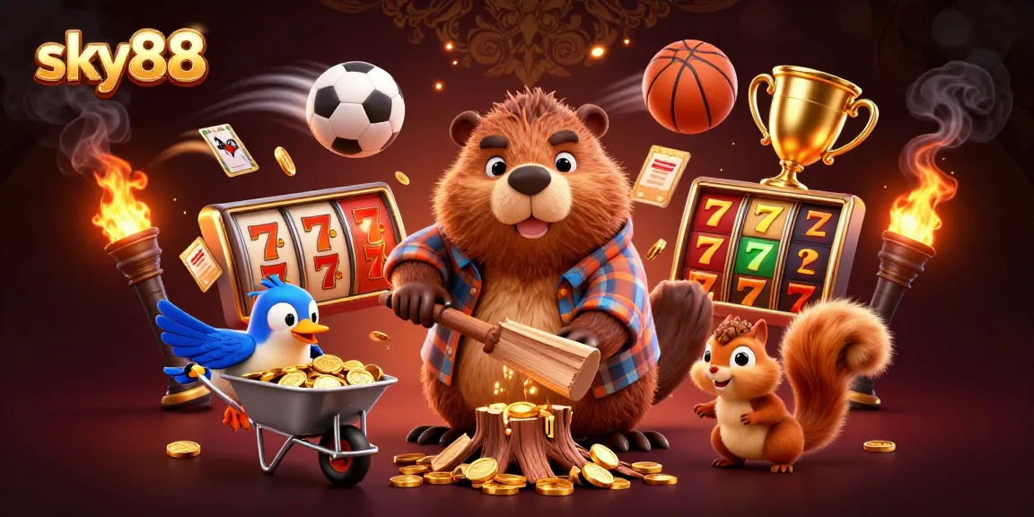 Join the excitement at sky88 with a festive scene of animated characters celebrating wins.