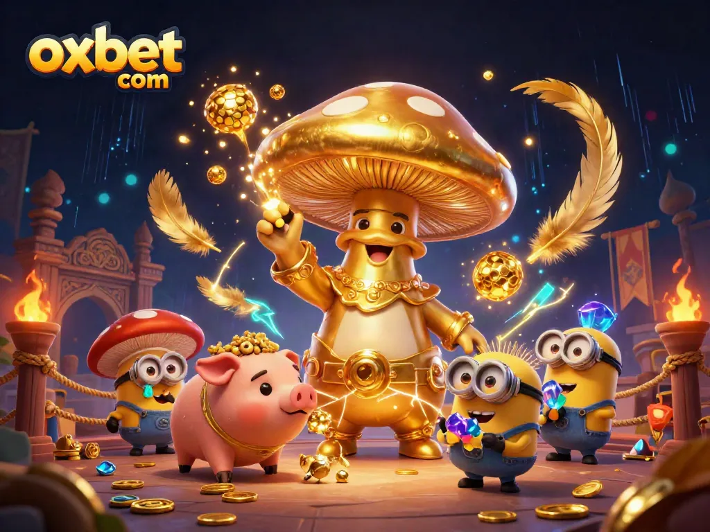 Experience dynamic wins at oxbet com with this vibrant scene of golden magic and casino elements.