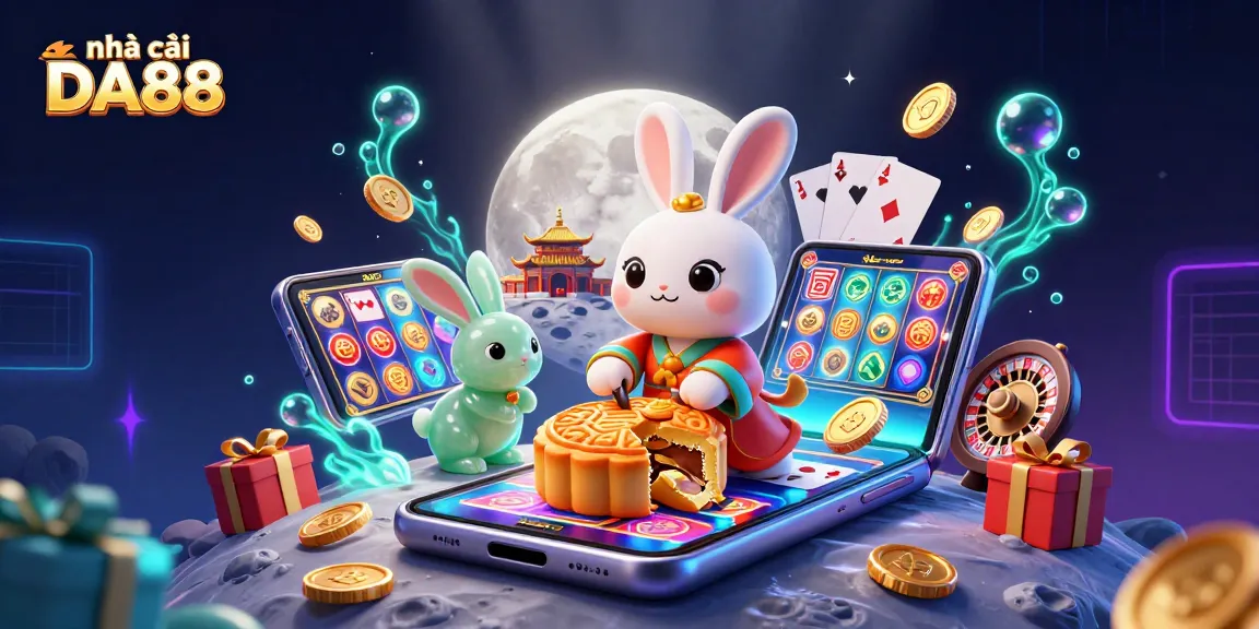 Engage with nhà cái DA88 in this vibrant 3D casino scene featuring a moon rabbit and dynamic gaming elements.