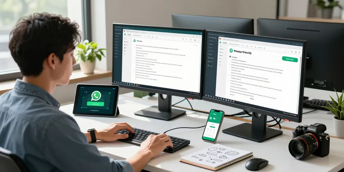 WhatsApp下載 in a dynamic tech workspace, showcasing a professional focused on app features with modern gadgets and a bright environment.