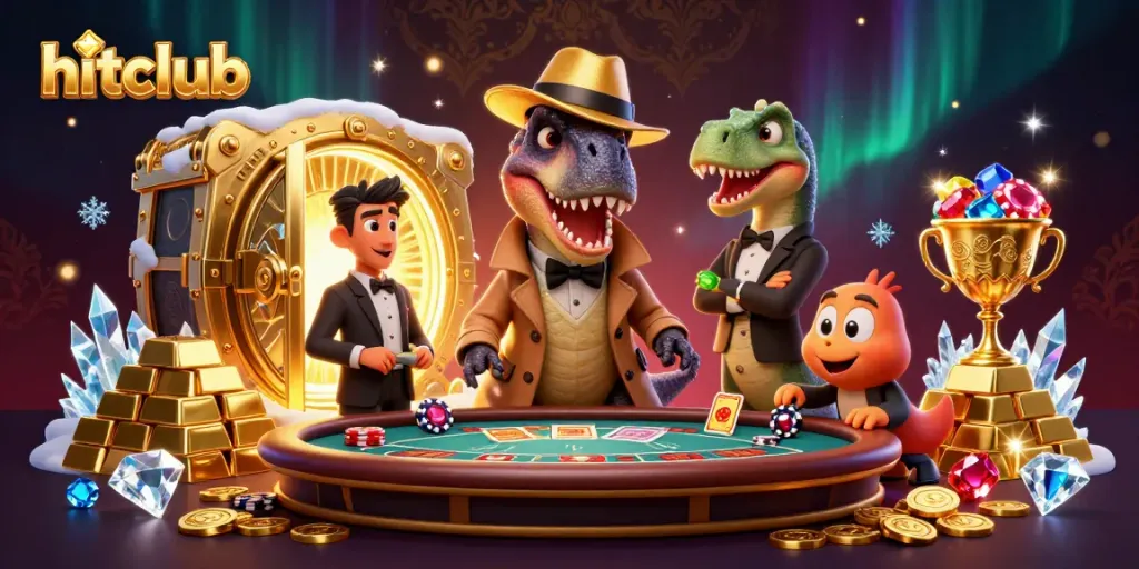 Experience the thrill of hitclub with a velociraptor card counter at a blackjack table surrounded by riches.