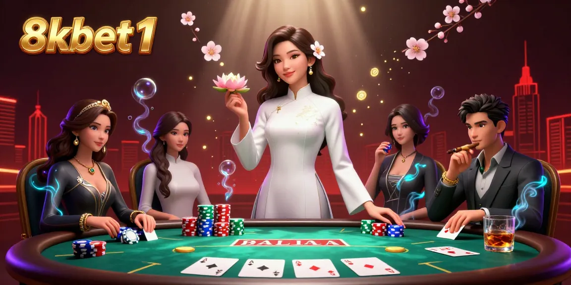 Play and win at 8xbet1 with a stunning poker scene featuring an elegant Asian woman and vibrant casino elements.