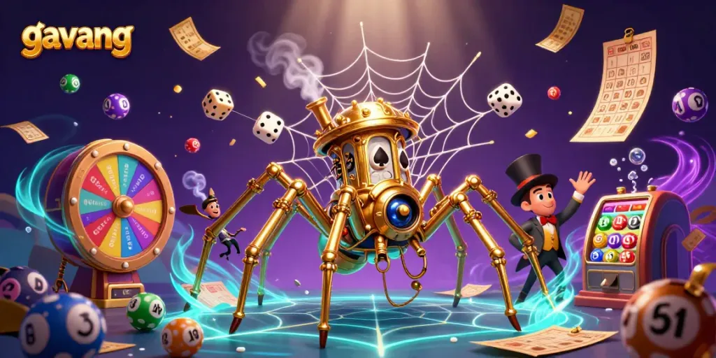 Catch the excitement of gambling with Gavang's steampunk spider and colorful lottery elements!