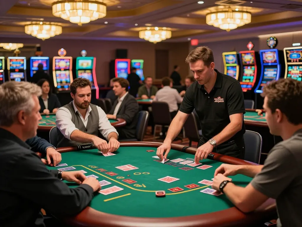 cm88 blackjack players strategizing at vibrant casino tables in warm lighting