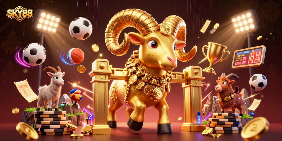 Experience thrilling games at SKY88 with exciting sports and betting elements in a vibrant illustration.