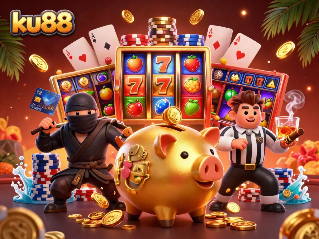 Witness exhilarating ku88 action with massive piggy bank wrestler and vibrant slot reels.