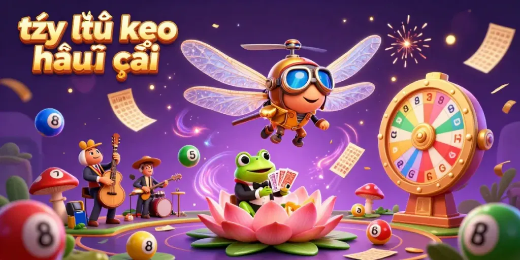 A dynamic scene showcasing tỷ lệ kèo nhà cái with a dragonfly pilot and frog croupier amid colorful casino elements.