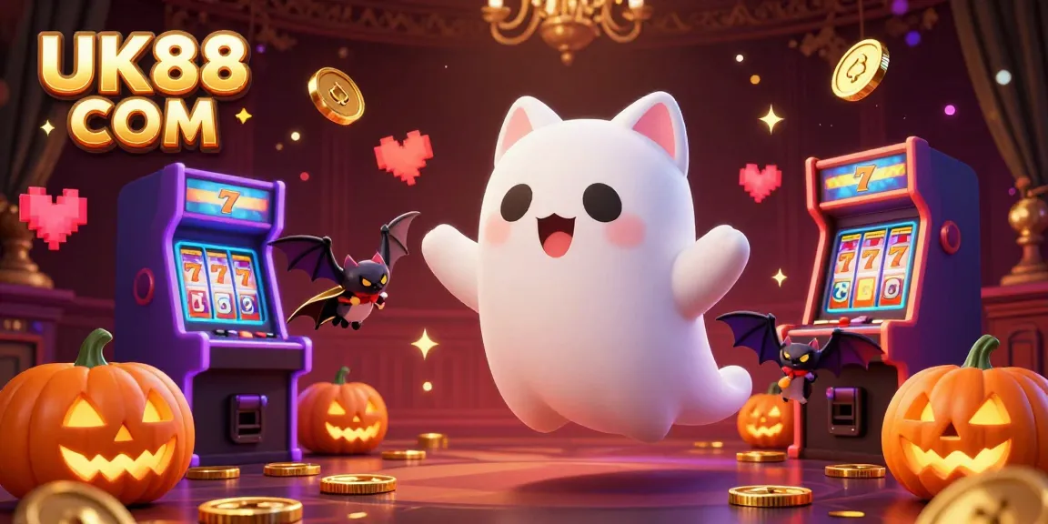 Engage with UK88 COM featuring a friendly ghost cat in a haunted casino, surrounded by vibrant game elements.