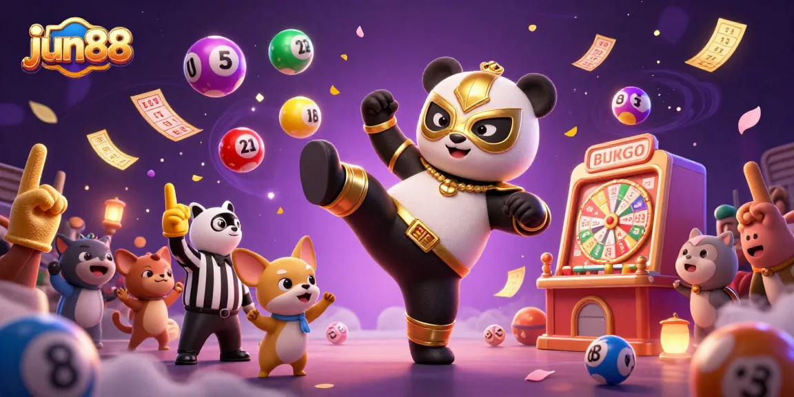 Experience thrilling wins at jun88 with a vibrant scene of a panda wrestler, lottery elements, and excited animal fans.