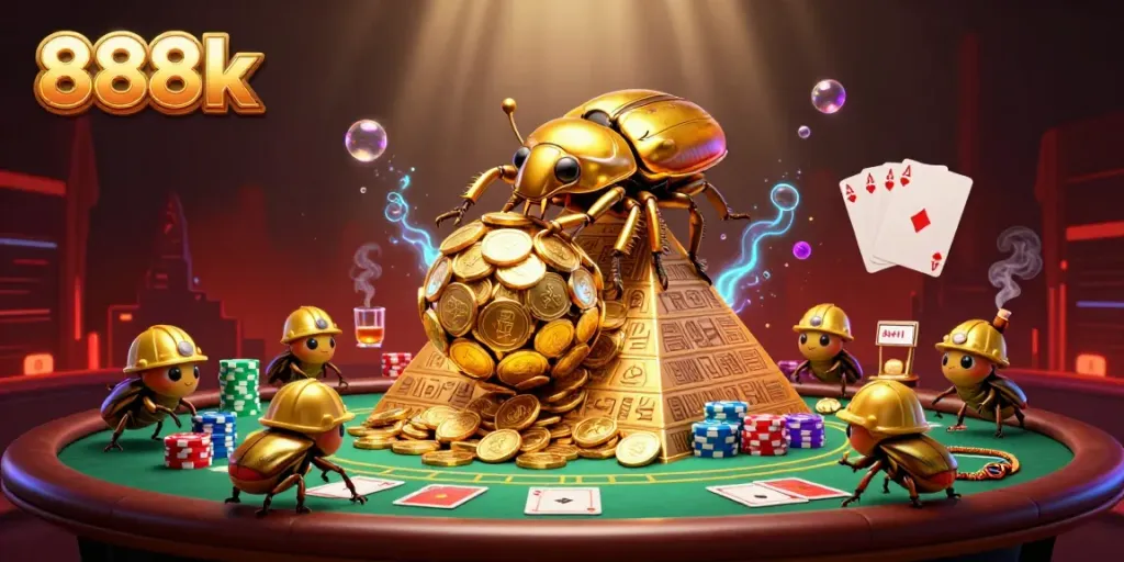Experience thrilling gameplay at 888k with vibrant golden beetle characters rolling coins and poker elements.