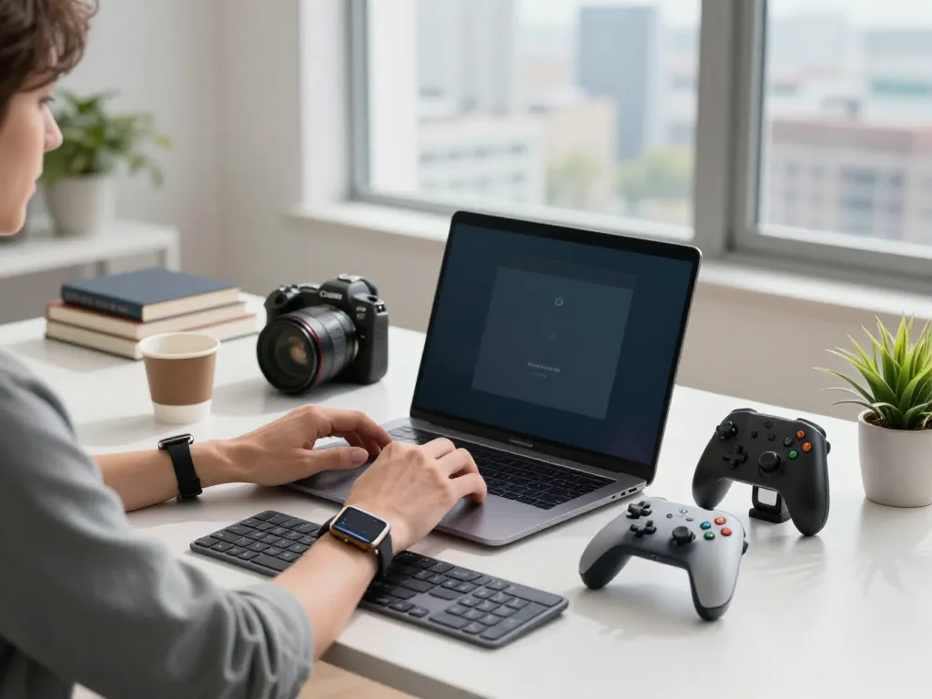 Engaging workspace showcasing trending tech gadgets like Bluetooth controllers and keyboards, ideal for digital enthusiasts.