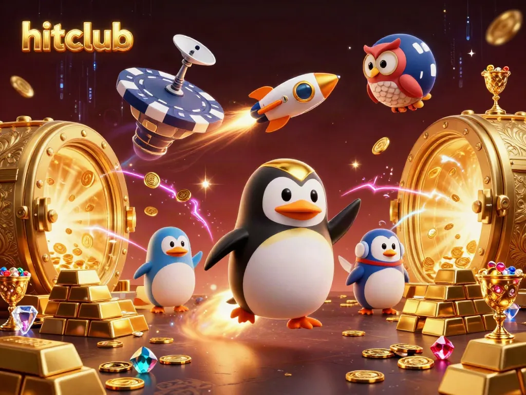 Experience the excitement of hitclub as a golden penguin races toward a vibrant casino.