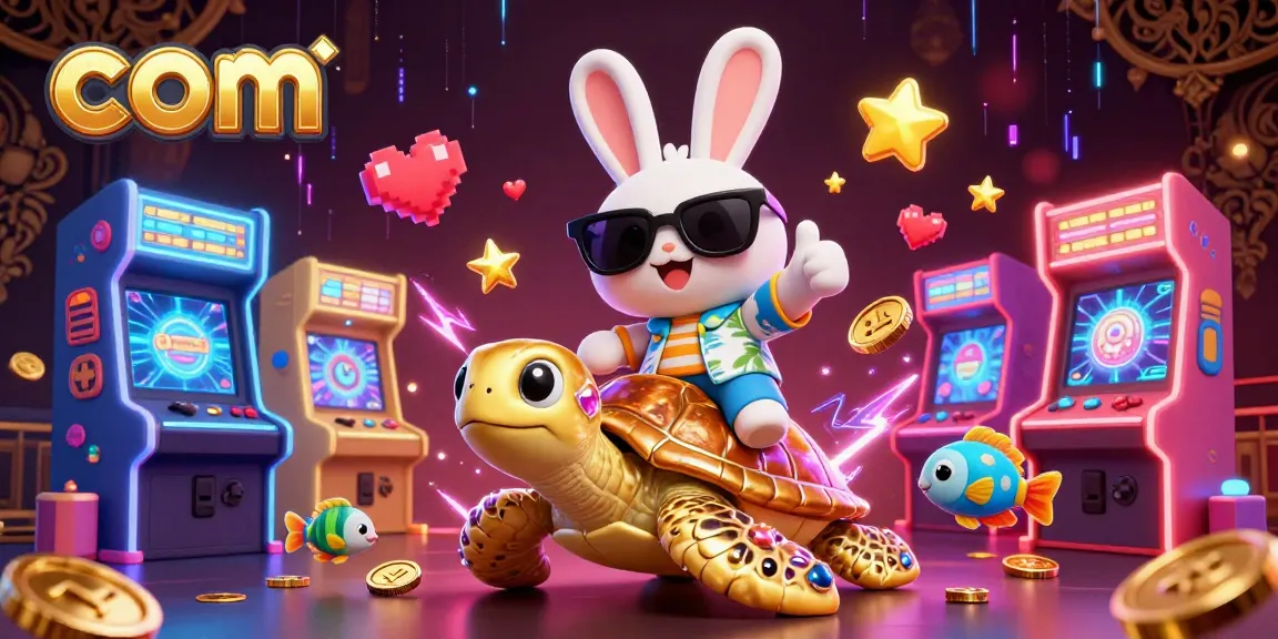 Spin and win at com with a vibrant cartoon scene featuring a lucky rabbit and golden sea turtle.