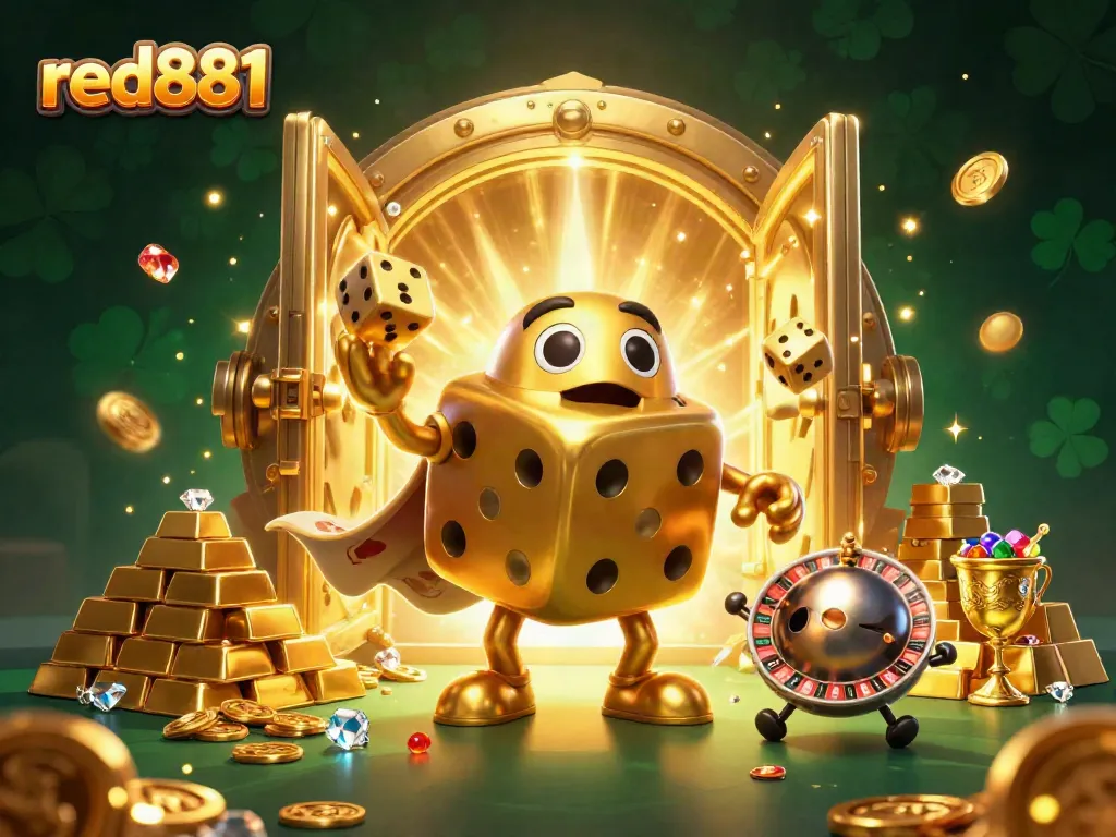 Experience the thrill of gaming with red881's illustrated scene featuring engaging 3D characters and rich casino elements.