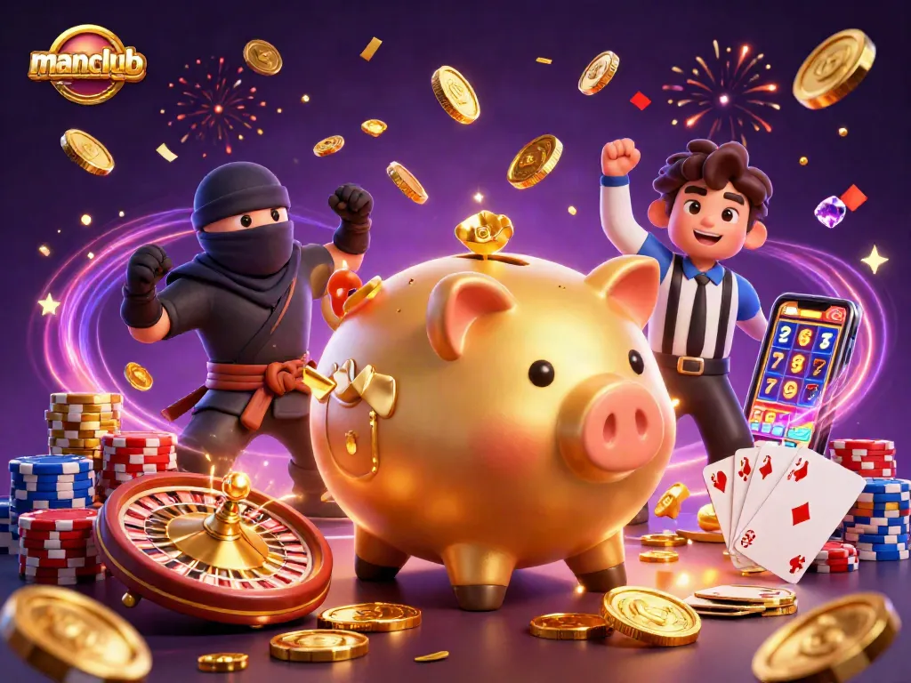 Experience thrilling gameplay at manclub with a dynamic scene of gambling excitement featuring colorful casino elements.