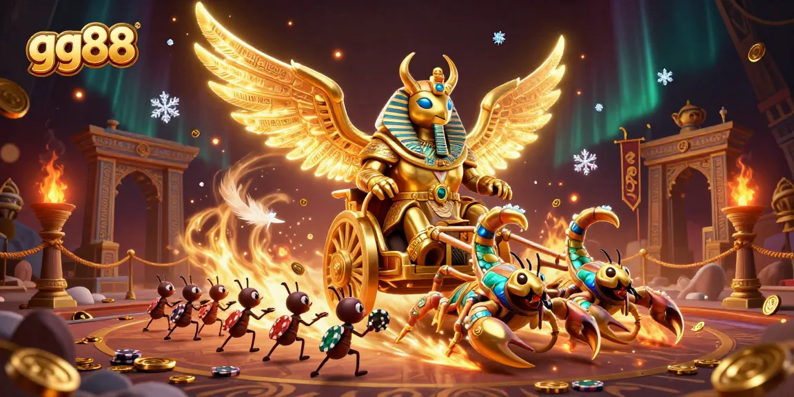 Experience thrilling bets at gg88, where a colossal golden scarab beetle presides over a rich casino scene.