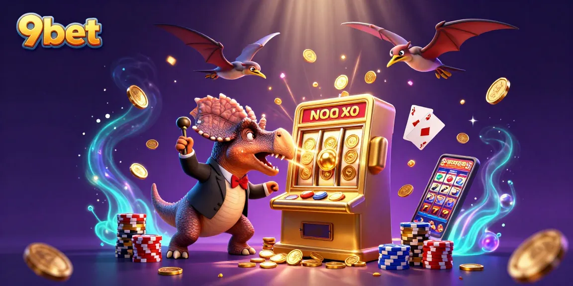 Experience the thrill of winning at 9bet with a chaotic casino scene featuring colorful characters and jackpot coins.