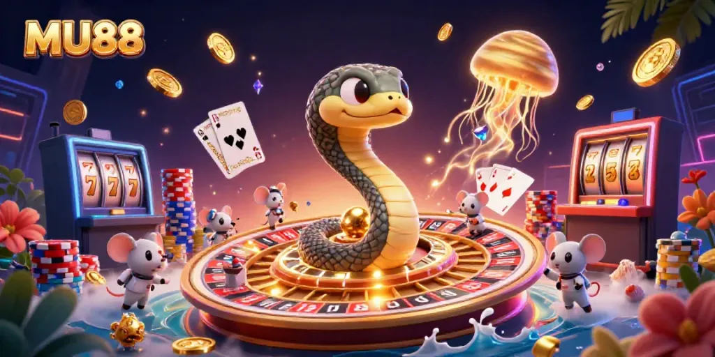 Engage in exciting gameplay action at MU88 with vibrant casino-themed 3D illustration featuring cosmic elements and playful characters.
