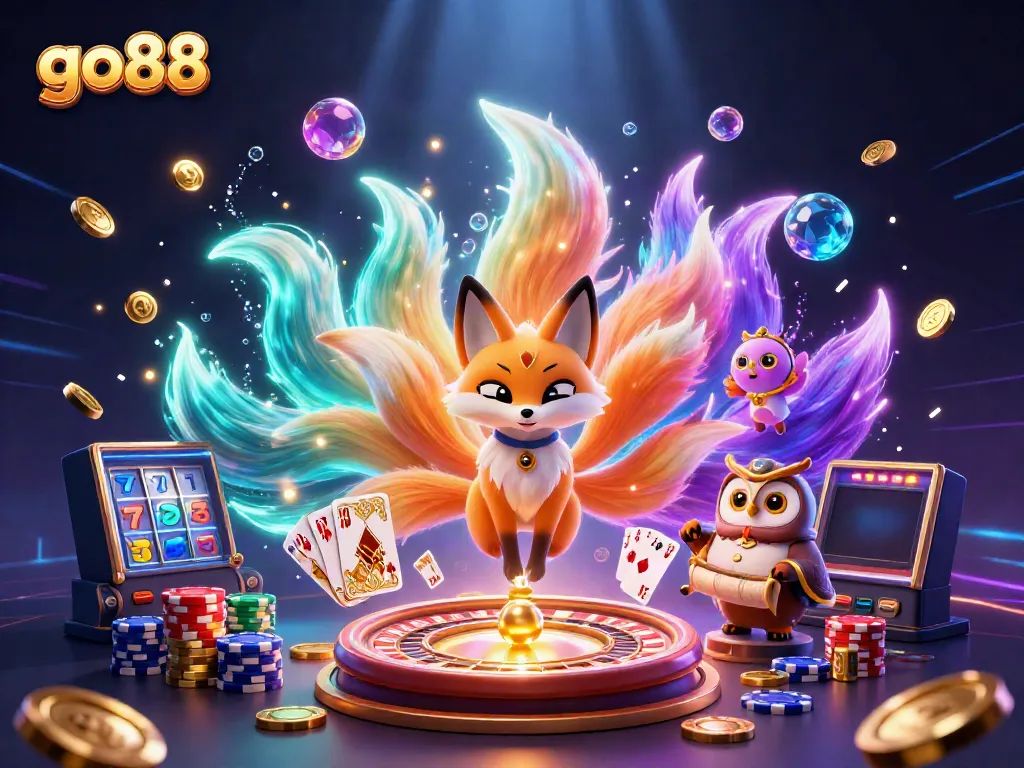 Experience the thrill of go88 with a mesmerizing scene of ethereal characters surrounded by casino elements.