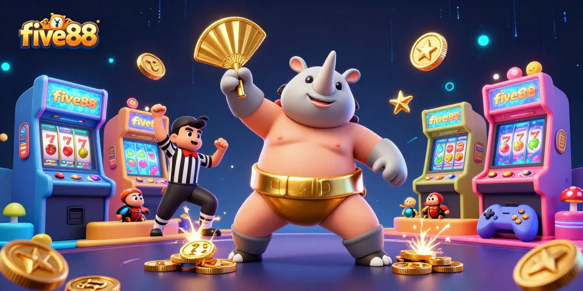 Experience exciting gameplay at five88 with a dynamic scene showcasing a sumo champion and vibrant casino elements.